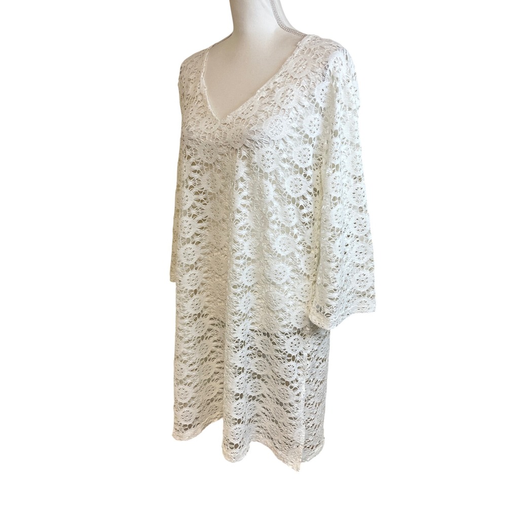 J VALDI Sheer White Lace V Neck 3/4 Sleeve Tunic Cover Up Dress L Swim‎ Vacation - Picture 8 of 12